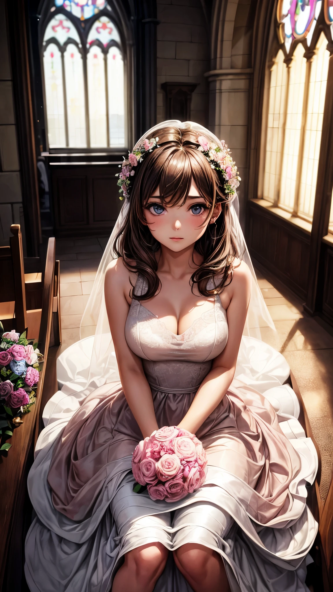 sksbrooke person, sksbrooke, (masterpiece:1.2), (best quality:1.2), perfect eyes, perfect face, 1girl, solo, brown eyes, (medium breasts), perky breasts, seductive look, pink wedding dress, walking down the ailse in a church, sun ray in background from window, hold bouquet of flowers, sitting down, close up, top view