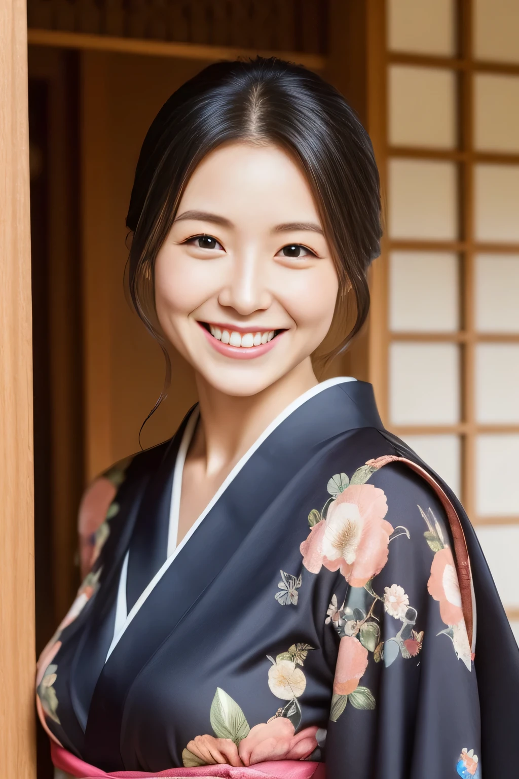 The cheerful face of the landlady、Floral Japan Kimono、high quality、surreal、healthy、smile、Perfect slender figure、beauty of japan、 perfect eyes beautiful skin、Upper body、shrine