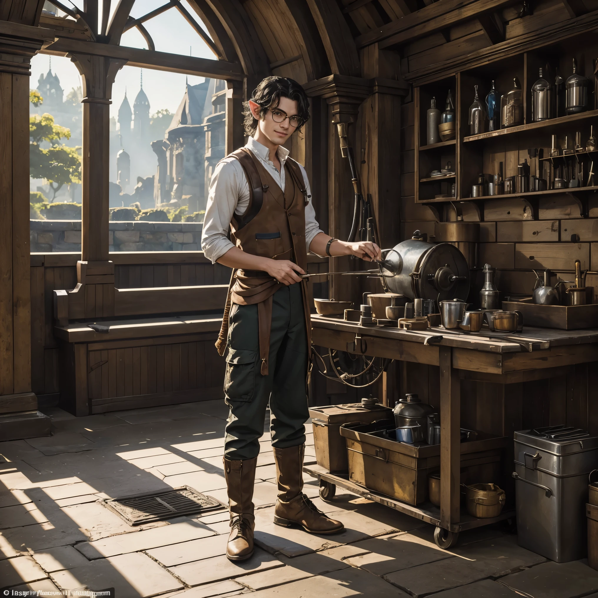 Generate a dynamic full-body image using AI with the following description in English: a spirited young elven mechanic, 18 years old, with sun-kissed skin and a cascade of short, curly black hair. His enchanting elven feature includes pointed ears that gracefully extend beyond his tousled locks. Sporting a warm and friendly smile, he wears round spectacles perched upon his nose. Dressed in a rugged brown vest, matching trousers, and worn leather shoes, he exudes an air of approachable charm while carrying a weathered backpack.

In the fantastical railway station's enchanting surroundings, magical trains and arcane platforms create an otherworldly ambiance. Capturing a dynamic moment, the elven mechanic is depicted in a crouched position, joyfully engaging in his work with hands and face marked by smudges of grease. This position showcases his dedication to the intricate machinery, and holding a set of tools, he skillfully repairs a component with a confident and lively demeanor, emphasizing his expertise in the magical art of mechanical maintenance.

This vibrant full-body image captures the essence of a skilled and joyful elven mechanic, his pointed ears emphasizing his elven heritage. The dynamic pose and warm smile underscore not only his expertise and dedication but also the lively spirit of an elf immersed in the intricate art of maintaining and repairing the wondrous machinery that powers the transportation of the fantastical realm.
