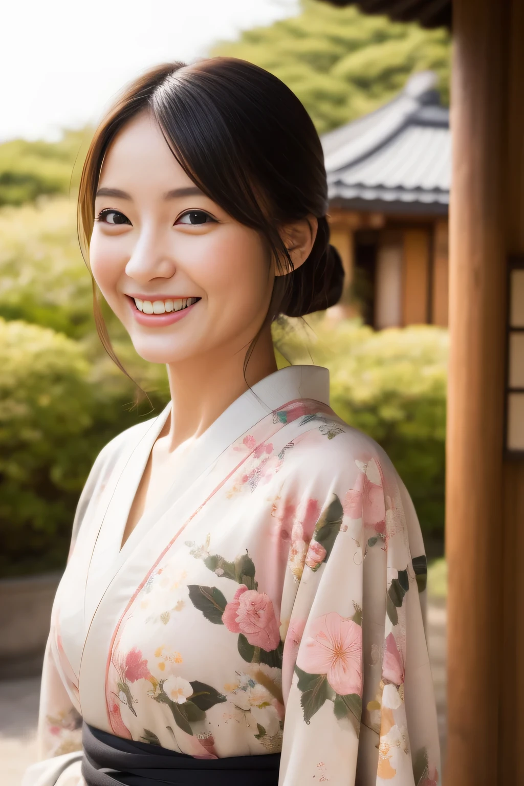 The cheerful face of the landlady、Floral Japan Kimono、high quality、surreal、healthy、smile、Perfect slender figure、beauty of japan、 perfect eyes beautiful skin、Upper body、shrine