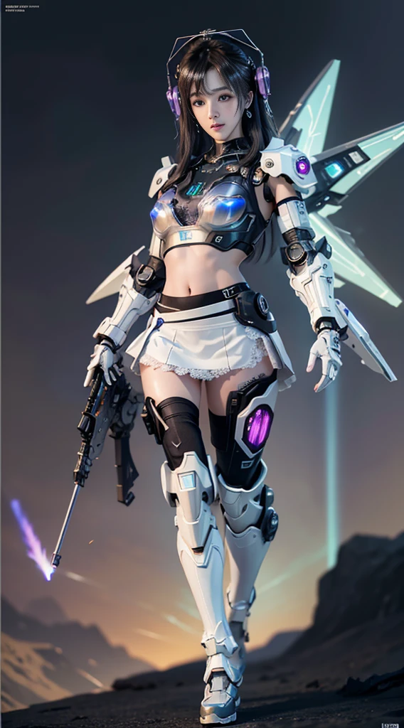 Best quality masterpiece, realistic, (very detailed: 1.3)8k, HDR, beautiful, (cyberpunk:1.6), in space, nebula, (holding_weapon:1.3), laser, (1 female mech:1.3), sexy body, facing the audience, glowing eyes, full body, (flying, diving, dynamic, motion blur: 1.4), (giant mech wings: 1.6), head up, glowing_eyes, mecha, panorama, earth in the background, nebula, space, particles, reality, hdr (high dynamic range), ray tracing, nvidia rtx, super resolution, unreal 5, subsurface scattering, pbr texture, post-processing, anisotropic filtering, depth of field, maximum sharpness and sharpness, multi-layer texture, albedo and highlight mapping, surface shading, accurate simulation of light-material interactions, perfect proportions, octane rendering, duotone lighting, large aperture, low iso, white balance, rule of thirds, 8K raw, high efficiency subpixels, Subpixel volume products, (best quality), (Japanese: 0.5), (Korean: 0.8), (Liu Yifei: 1.5) long hair, (:1.2), (chest: 1.5), (white transparent lace mini skirt: 1.5)
