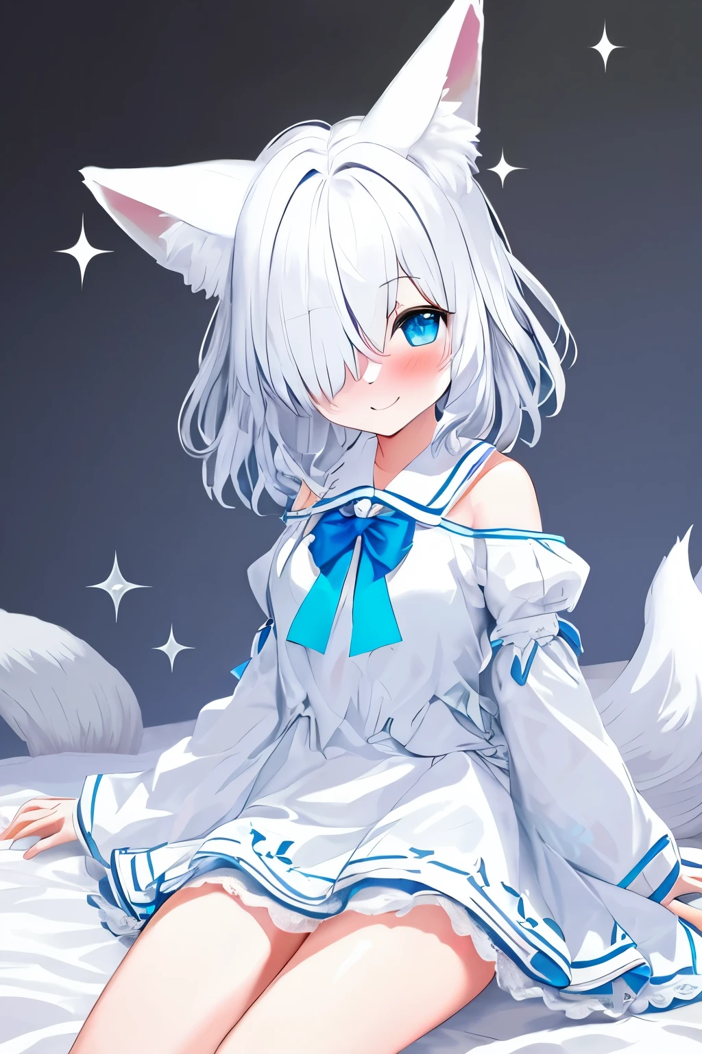 1girl, fox ears, blue eyes, white hair, hair over one eye, from side, pov, sitting, bed sheet, light, nose blush, light smile, white dress, blue bow, sparkle,