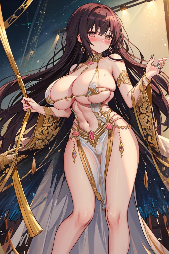 A woman with big ,clavicle,romantic long dress,Prominent and smooth underboob,exquisite,Intricate details,pubic,innominate bone,(blush:1.2),leg rings,weak,