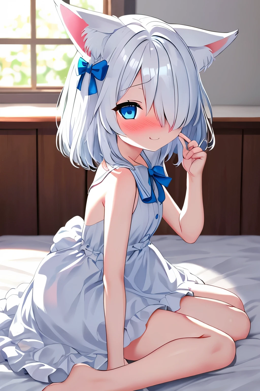 1girl, fox ears, blue eyes, white hair, hair over one eye, from side, pov, sitting, bed sheet, light, nose blush, light smile, white dress, blue bow, sparkle,