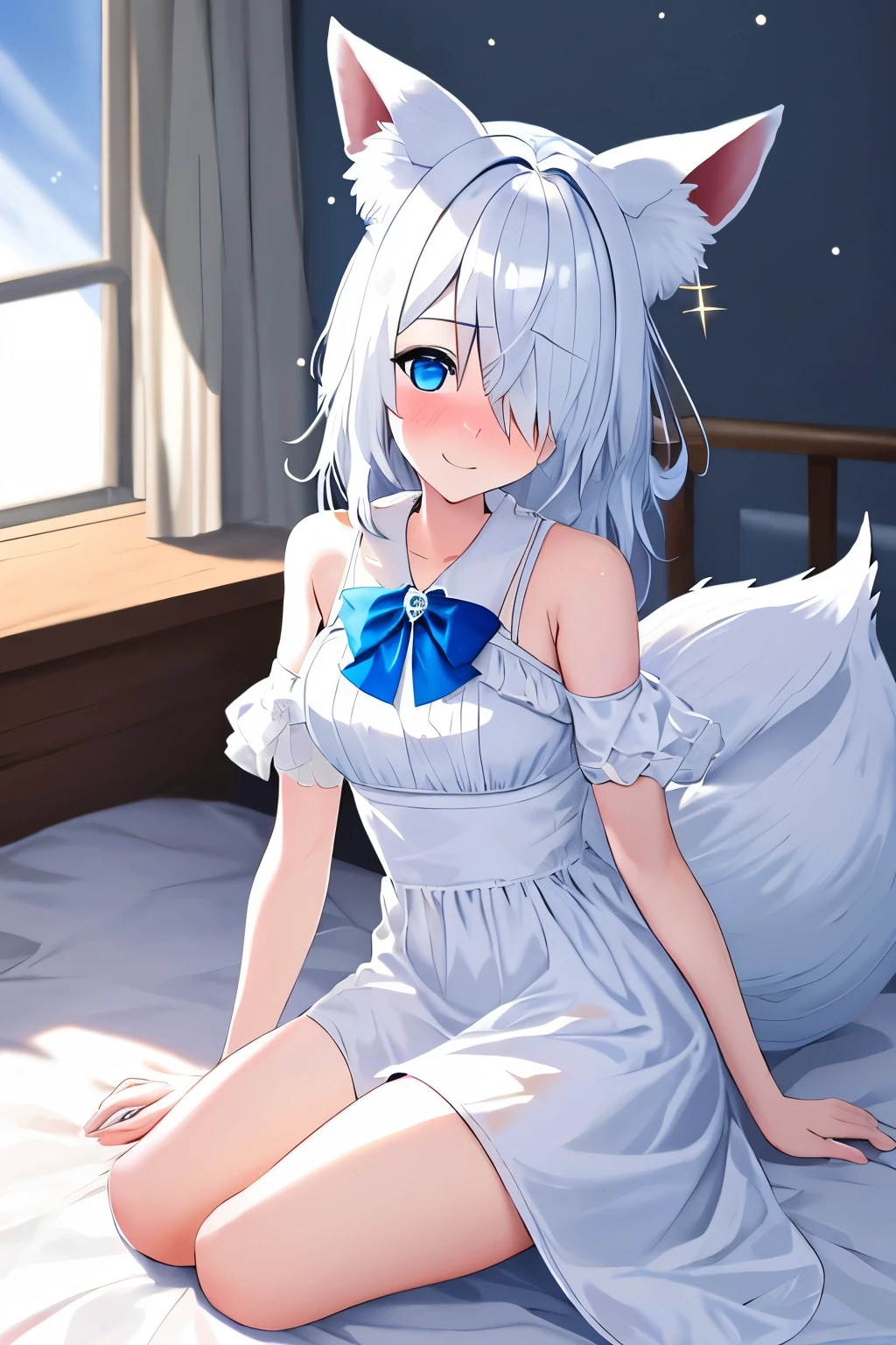 1girl, fox ears, blue eyes, white hair, hair over one eye, from side, pov, sitting, bed sheet, light, nose blush, light smile, white dress, blue bow, sparkle,