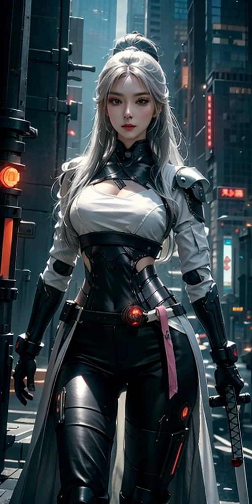photorealistic, high resolution, soft light,1women, solo, hips up, (detailed face), white long hair, cybersamurai, cyborg, cyberpunk, cyber armor, holding weapon,glowing,katana, city at night