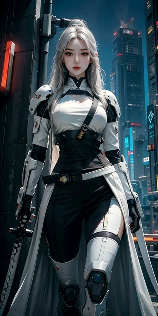 photorealistic, high resolution, soft light,1women, solo, hips up, (detailed face), white long hair, cybersamurai, cyborg, cyberpunk, cyber armor, holding weapon,glowing,katana, city at night
