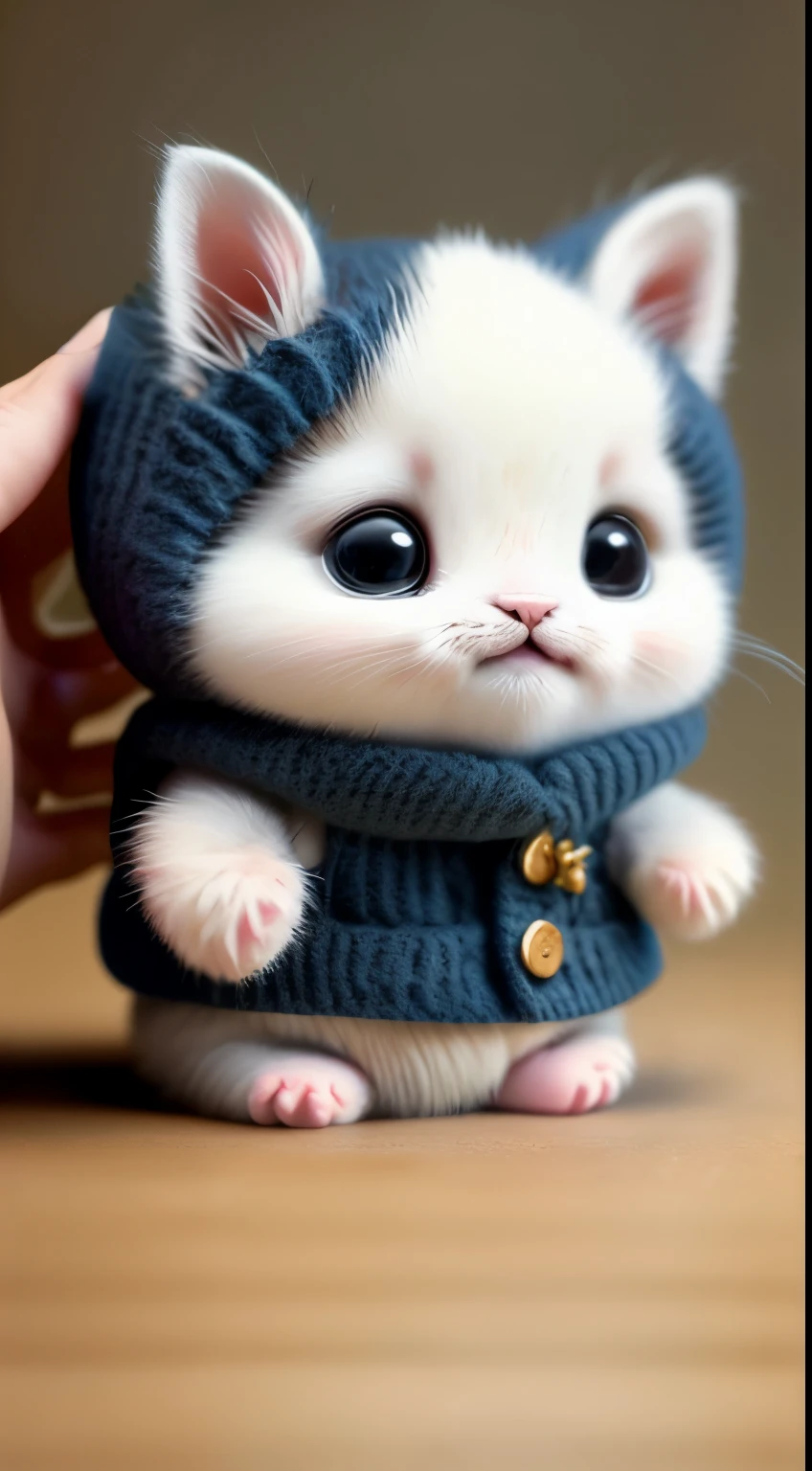 kitten in clothes， miniature kitten， Animal focus， bearded， realistic， POV Hand， ambiguous background，smile，interesting、