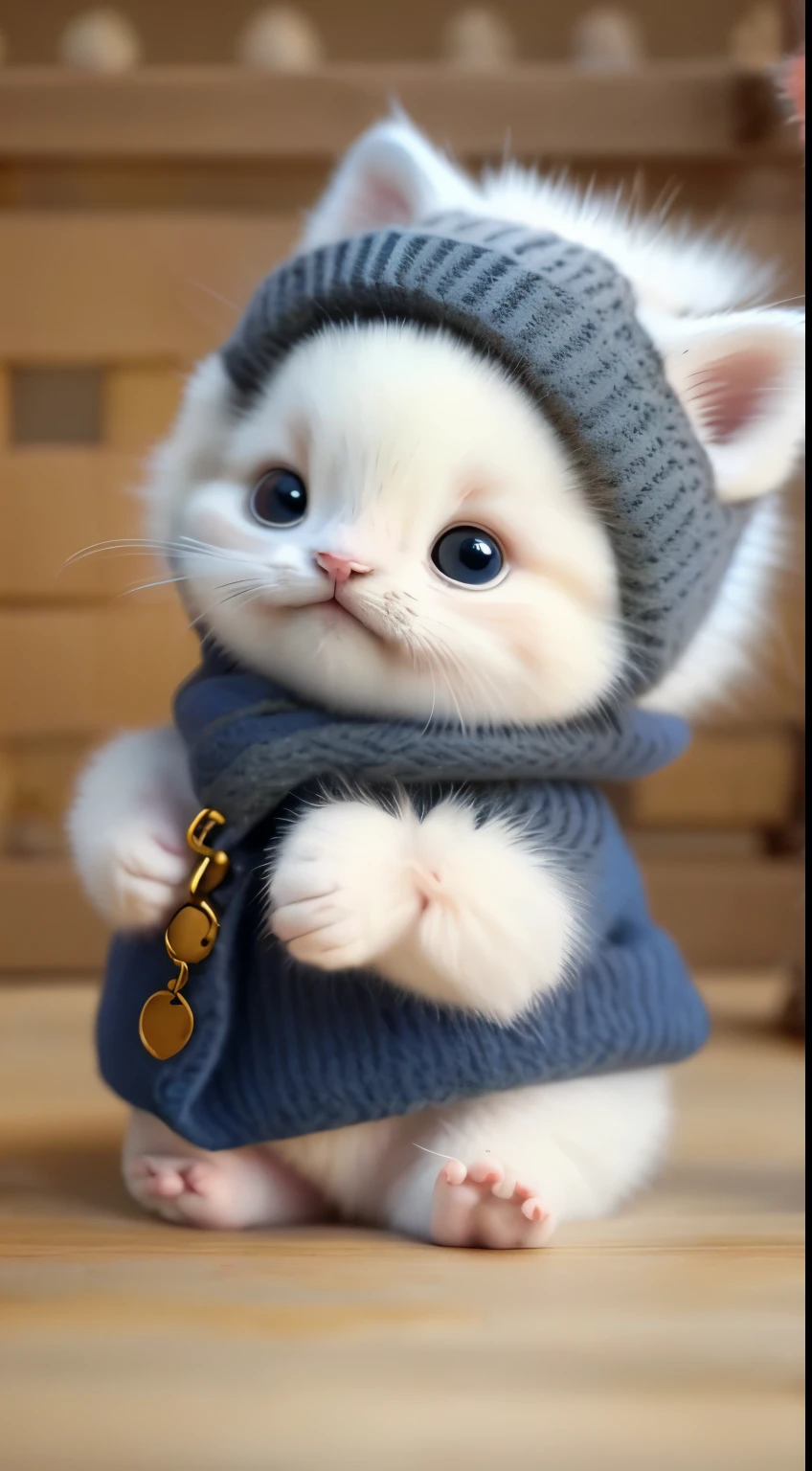 kitten in clothes, miniature kitten, Animal focus, bearded, realistic, POV Hand, ambiguous background,smile,interesting、