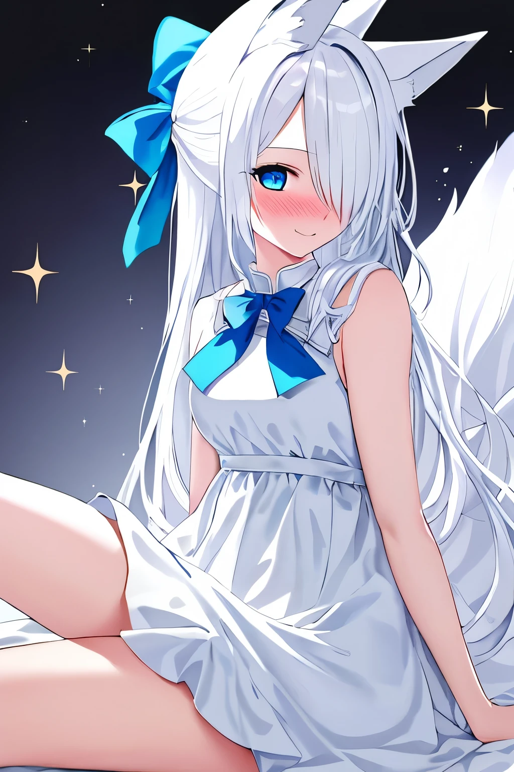 1girl, fox ears, blue eyes, white hair, hair over one eye, from side, pov, sitting, bed sheet, light, nose blush, light smile, white dress, blue bow, sparkle,