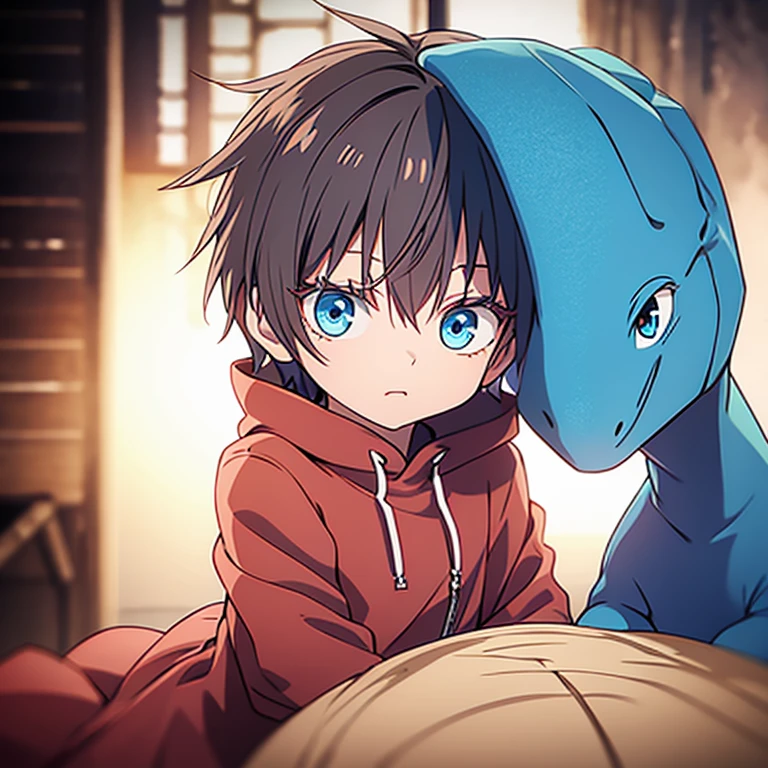 boy has blue eyes, short brown hair, wears a Dino onesie.