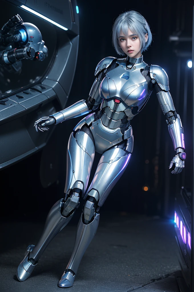 the best ever、8K,(((full body Esbian)))、(((The sheen)))、(((metalic)))、(((Very glossy mirror surface、Full body armor without very hard iron logo)))、(((cyberpunked)))、The cute beauty of the mecha(Best Quality, Detailed details, masutepiece, , Chiaroscuro,(Very well-shaped medium milk,,,,,,,,,、Bust photos are ultra-realistic and realistic), Highly detailed Hasselblad photos )、(((Beautiful and shining natural eyes)))、(((Highly photorealistic human beings)))、(Perfectly round pupils)、(((The details of the iris of the pupil are very amazing)))、(((Shining eyes)))、(((accurate fingers)))、(((Limbs without breakdowns)))、(((The face of a Caucasian 14 year old girl)))、(((Details of the very white skin of one Caucasian girl)))、Naturally closed mouth 、Staring eyes、(((eyesight)))、(((a baby face)))、The feminine face is very cute、Feminine body、with round face、(((Caucasian High Nose)))、a small face、soft cheeks、Looking at the camera、Naturally closed mouth、Balanced face、(((drooing eyes)))、(((Not a crushing eye)))、(((Human-like Caucasian female body shape)))、(((Slightly longer arms)))、(rather long torso)、(((Pretty big hands)))、human face、(((Glowing blue light blue silver hair)))、(((Cool and cute short-cut hair)))、(((The background is the future)))、(((8 Head Body)))、(((Luminescent purple eyes)))、(((Light Blue Silver Eyebrows)))、(((of very thin eyebrows)))、Looking here、(((Gentle face)))、(((Background Mecha)))、(((Blade Runner background)))、(((RoboCop)))、Ghost in the Shell、tron、Space Detective Gavan、(((Night background)))、(((No makeup)))、(((Hollywood Science Fiction Movie Lighting))、(((Detroit in 5000 AD)))、(((Te(layer)))、Height 1cm、Leg length 82cm、the length of the head is 21 cm、,Very subtlyXan legs、(((Cool shooting)))、(((Cool pose)))、evangerion、Rei Ayanami、(((murky)))、(((Combat readiness)))、(((Ready for Battle)))、(((cyborgs)))、(((Artificial human)))、(((No overexposure)))、(((nffsw)))、(((Natural roughness, Ultra-fine 35mm film))),((Gentle eyes))、((Very elaborate high hardness iron bikini armor without logo))、(((No logo)))、(((One girl)))、(((The distance between the left and right eyebrows is slightly wider)))、(((high nose at the base)))、(((wide nose)))、(((Long light blue silver eyelashes,)))、(((Extremely elaborate hands)))