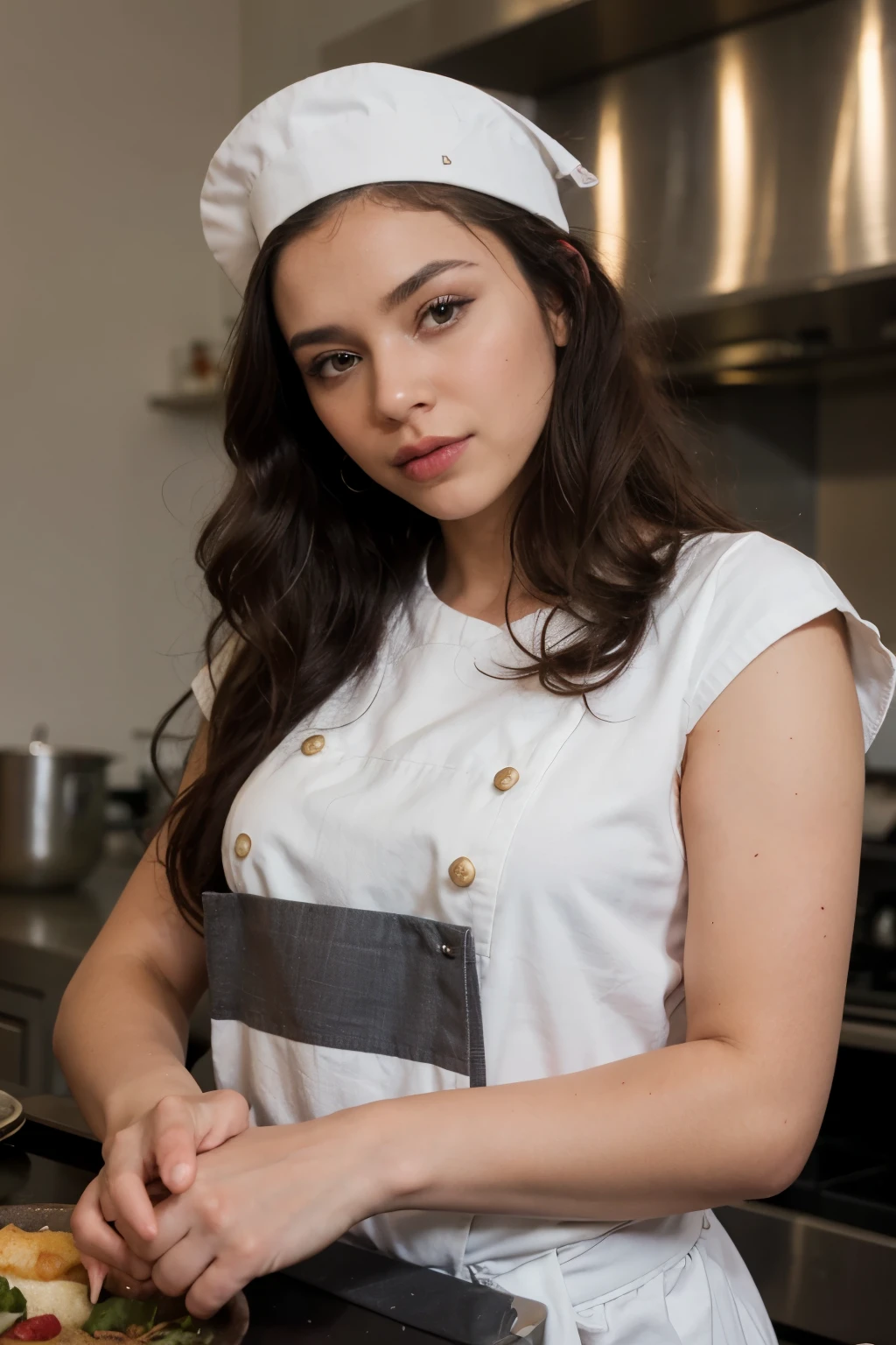 ((best quality)), ((chef-d'artwork)), (detailed), femme latina, peau olive, mince, poitrine normale, grand yeux marrons , petit nez rond , long curly hair, black hair, Full lips, bouche pulpeuse, jean , pull blanc, jean ,