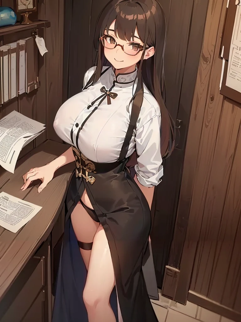 anime girl in a white shirt and black skirt posing in front of a desk, a character portrait inspired by Hisui Sugiura, pixiv, shin hanga, (sfw) safe for work, seductive anime girl, anime moe artstyle, librarian, a hyperrealistic , realistic , oppai, kantai collection style, marin kitagawa fanar