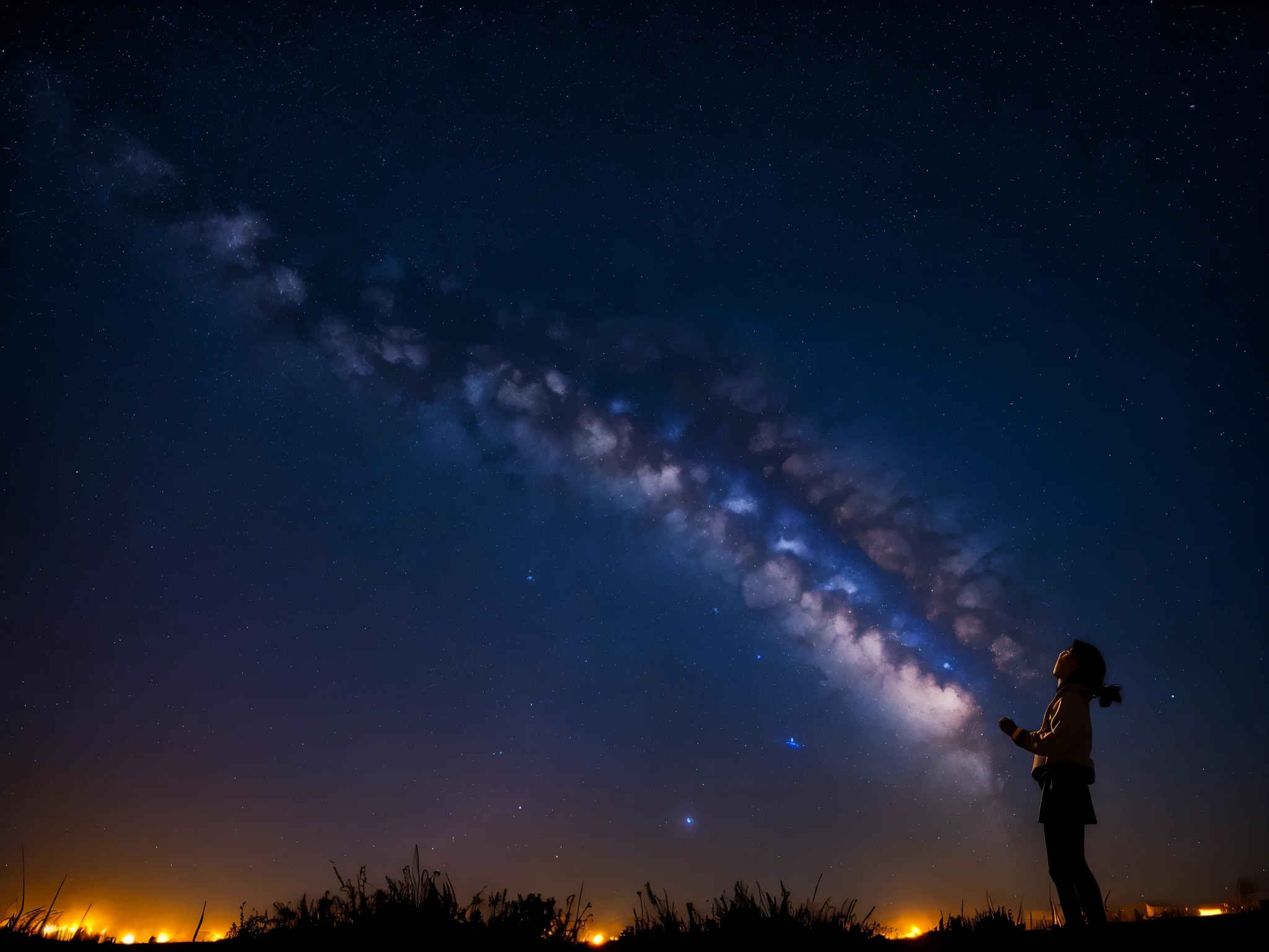 Rotating starry sky, Milky Way, shooting star, girl looking up at the sky, North Star, 1 hour exposure