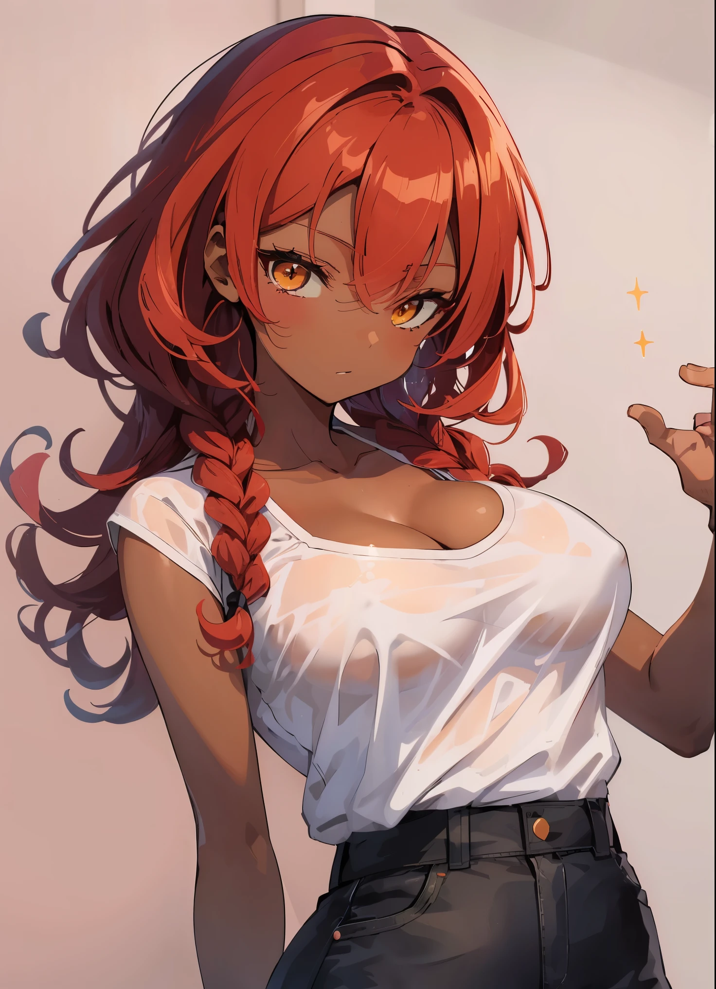 masterpiece, best quality, finely detailed, high resolution, 1girl, by buta99, by chelodoy, by spikedmauler, by cervina7, solo, female, ((hair, snout)), lips, big ass, eyelashes, happy, eyeliner, big breasts, cleavage, cameltoe, yellow eyes, sexy, long curly red curly hair, red Afro hair, dark skin, black skin, African, dark skin, very dark skin, tan skin, small , sexy, slim waist, skinny, slim, skinny, milf, thick thighs, pretty, pink clothes, evil , sparkles, pastel background, black lipstick, light orange curly hair, braids, skinny, black skin, tan skin, pink background, pink clothes, black skin, really dark skin