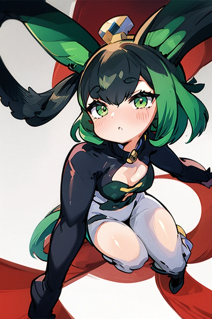 Terrible_Tornado、looking at the viewers、Angry、blushing、attack pose、shorth hair、bangss、verd s eyes、A detailed eye、鎖骨、thighs thighs thighs thighs、tiny chest、cparted lips、Green hair、a playboy bunny、cowboy  shot、put hands on the hip,GUMI