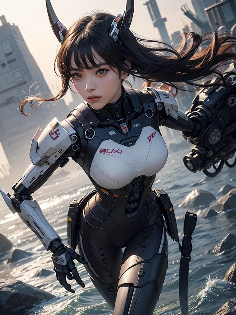 photo-realistic, ultra-realistic, very beautiful Japanese, famous Japanese idol, 20 years old, dramatic scene, masterpiece, beautiful eyes, (face focus, acrobatic closeup to her beautiful face:1.3), (extremely intricated with extremely complex cyber punk mecha armored full-face scuba mask with air hose:1.5), (wearing cyber punk mecha-suits with neon marker:1.5), (she is acrobatic jet skiing on the sea:1.5), (super big jump in the air over the huge waves:1.5), (fully equipped with scuba equipment:1.3), amazing view of huge waves, acrobatic pose, dynamic angle, spectacular, Nimble movements, Sharp turns, (very large breasts), 