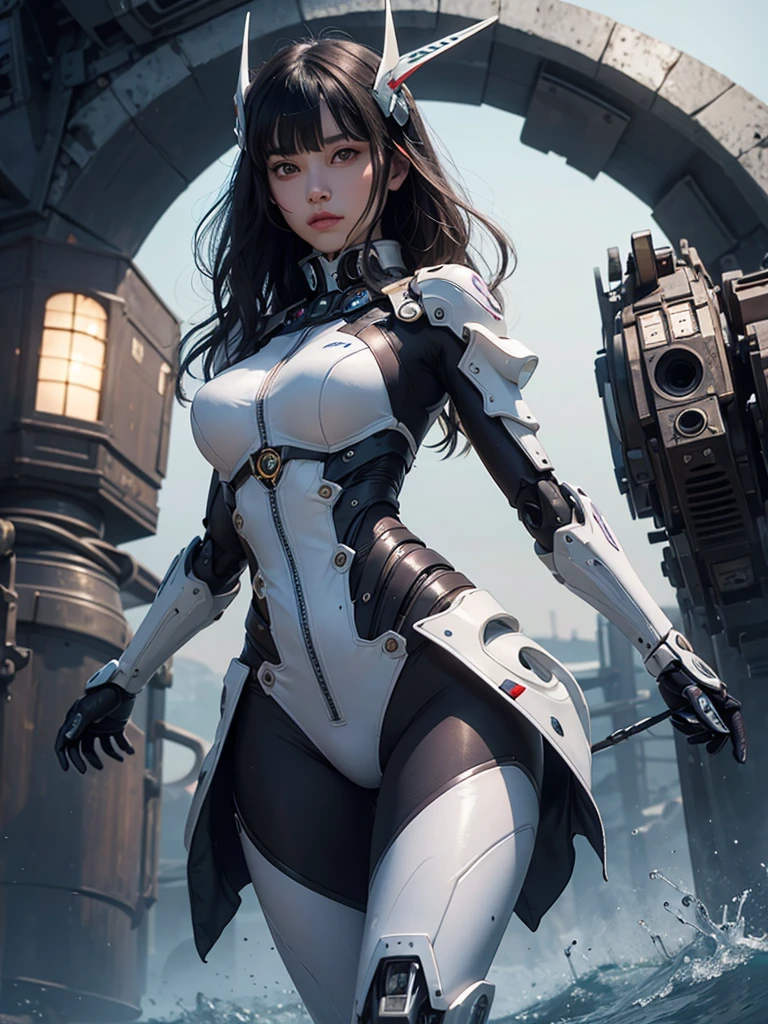 Unbeatable masterpiece, Ultra photo realsisim, Perfect artwork, Intricate details, Best quality, Strong light,High contrast, 1girll , Solo , Walking , Dutch angle ,view the viewer , Serious , V-shapped eyebrows , Mecha , Mecha musume .mechanicalparts , Mechanical limbs ,Mechanical joints , Mechanical spine ,Headgear , Black hair , Wavy hair , Long hair ,(Blunt bangs) , Floating hair , Purple eyes ,White pupils