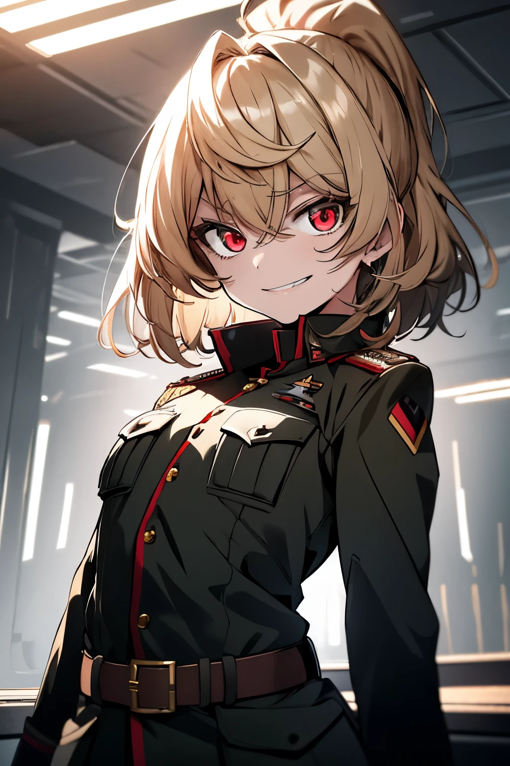(masterpiece, best quality: 1.1), 1girl solo, tanya, 1girl, solo, , flat chest, small breasts, curvy, military, military uniform, ,, evil smile, wicked expression, anger, red eyes, neutral lighting
