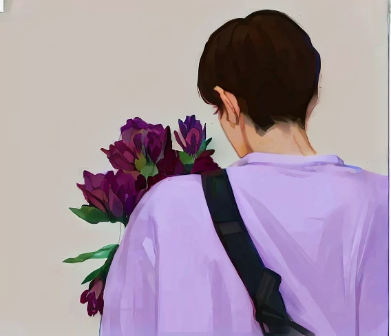 There is a man with a camera and a bouquet of flowers, bring flowers, Lofi art style, lofi aesthetics, There are flowers, There are flowers, rotoscoped, Toon aesthetic, Wearing a hoodie and flowers, holding flowers, lofi feel, pick a flower, anime aesthetics, i suit it, lofi girl aesthetic, 9 0 s anime aesthetics