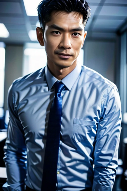 wide angle photography realistic, Thai man, 55 years old, wearing a suit, standing in the office, shot by Nikon-z9, (50mm lens, f/1.4, ISO 100), RAW photo), (photorealistic), (masterpiece), (intricate detailed), (best quality), (professional photography), (realistic:1.5), (soft light), (defuse lighting:0.7), (ambient lighting:0.6), (rim lighting,:1.2), fine textures, (depth of field:1.2), (bokeh:1.2), (face focus), film overlay, film grain,