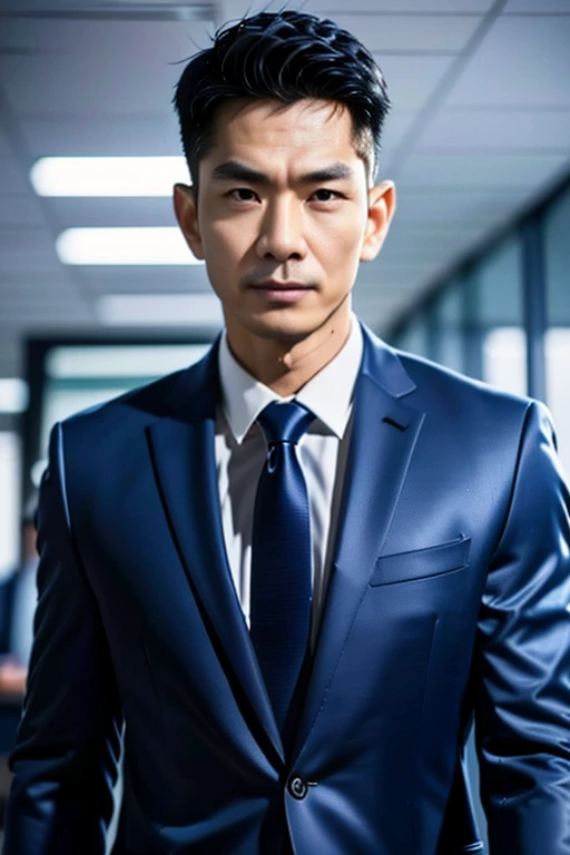 wide angle photography realistic, Thai man, 55 years old, wearing a suit, standing in the office, shot by Nikon-z9, (50mm lens, f/1.4, ISO 100), RAW photo), (photorealistic), (masterpiece), (intricate detailed), (best quality), (professional photography), (realistic:1.5), (soft light), (defuse lighting:0.7), (ambient lighting:0.6), (rim lighting,:1.2), fine textures, (depth of field:1.2), (bokeh:1.2), (face focus), film overlay, film grain,