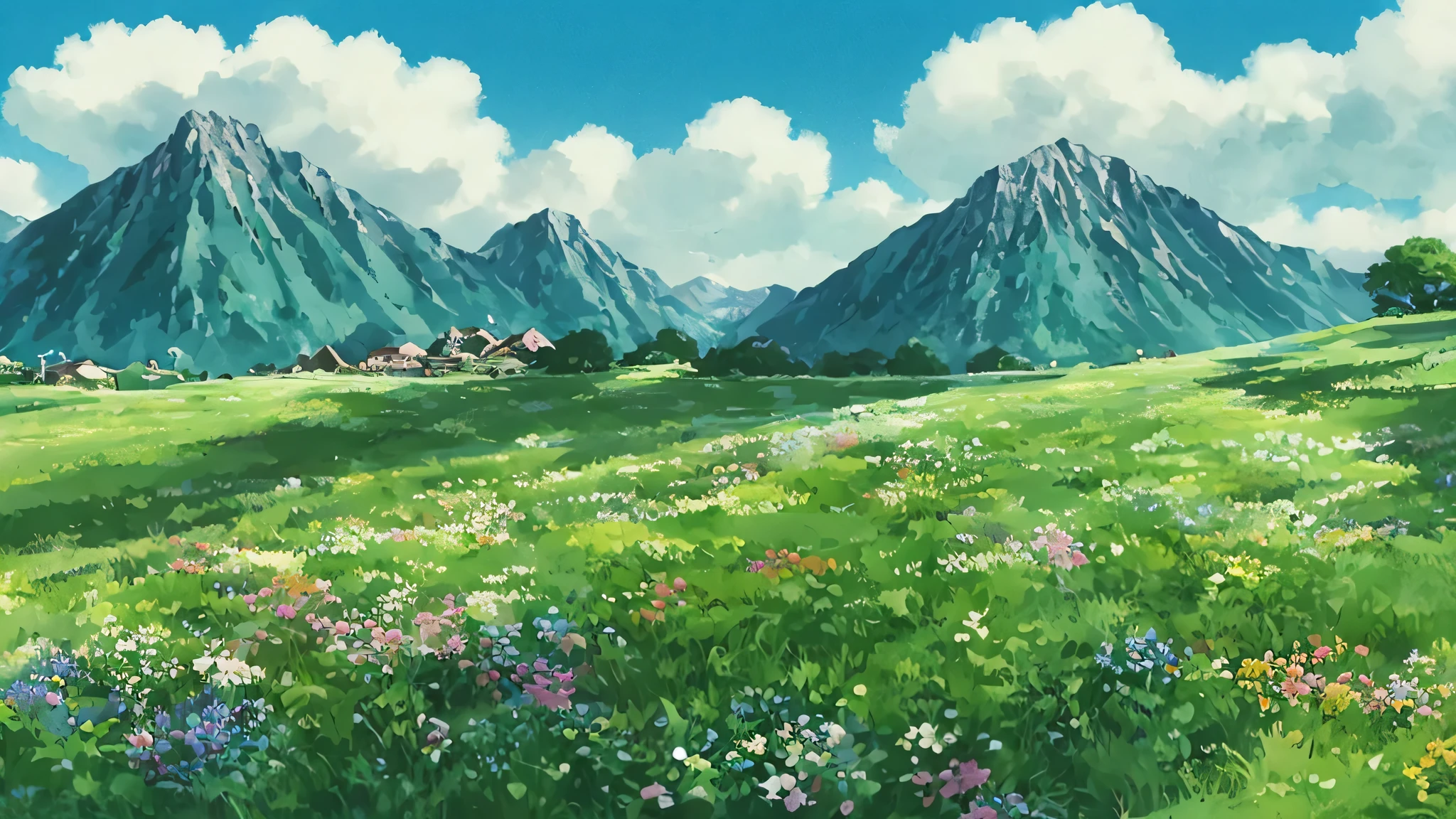 Beautiful countryside, blue sky, Studio Ghibli style, There are no people, Mountain hut
, Mountain,