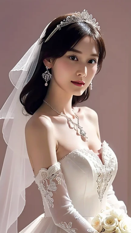 ((best quality)), ((master piece)) WEDDING PRINCESS DRESS, light, lens flare glow, white petals, exotic,Close up portrait of beautiful bride in bridal dress,Gwitz,Head flower,headdress,blush,(Bandeau Wedding Dress:1.5),(silk dress:1.2),(Strapless Wedding Dresses:1.5),plain white dress,necklace,earrings,cleavage,(big breasts:1.3),Deep V Peach Heart Color Wedding Dress,Liuhai,bouquet,(lace gloves:1.2),(bridal veil:1.2),(Short transparent veil:1.2),bust photo,High detail RAW color art,Tyndall phenomenon,Mizuki Yamashita
