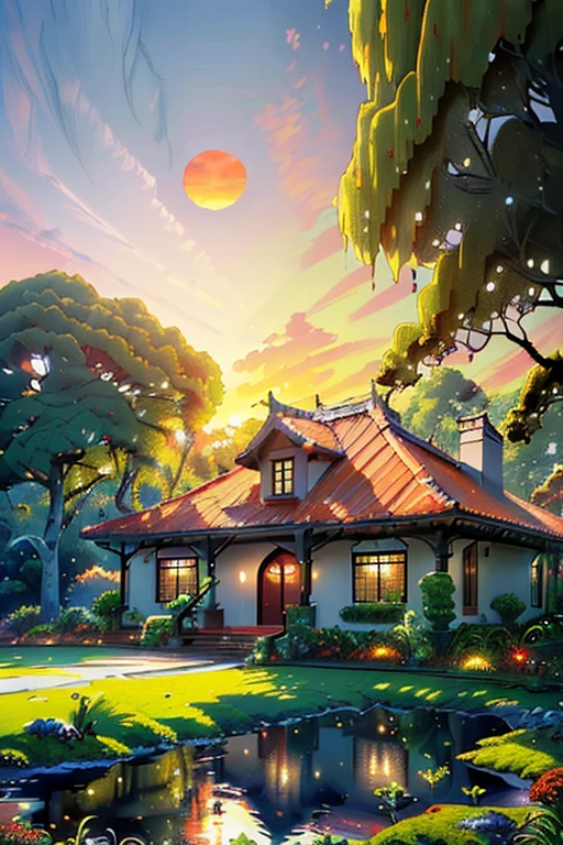 (top-quality masterpiece: 1.5), (casa with red tile roof and various moss effects: 1.3), (surrounded by lush grass and a lake: 1.2), (sunset with red sun: 1.4),
(high resolution: 1.5), (hyper-realistic: 1.3), (beautifully detailed: 1.4), (Realism: 1.2), (pixels perfect: 1.5), (luxurious illustration: 1.2),
(verdant moss effects: 1.3), (enchanting: 1.4), (green grass