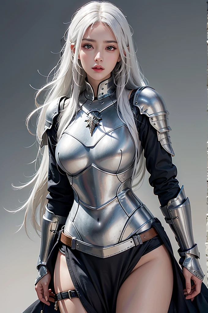 photorealistic, high resolution, 1women, solo, hips up, look at viewer, (detailed face), white hair, long hair, knight armor