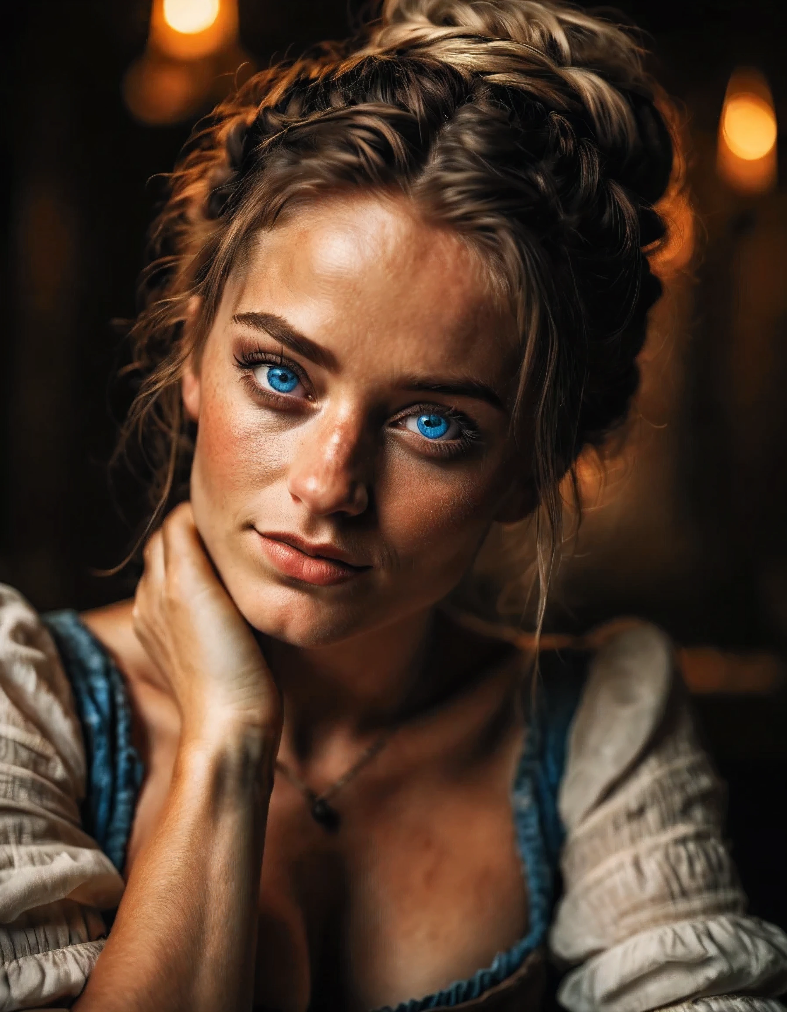 Portrait, photograph, beautiful sultry peasant woman, bar wench, medium-shot, with beautiful detailed blue-eyes, upper body, shy smile, amazing body, seductive, cinematic lighting, (skimpy), hair in a messy bun, beautiful lighting, high saturation, 