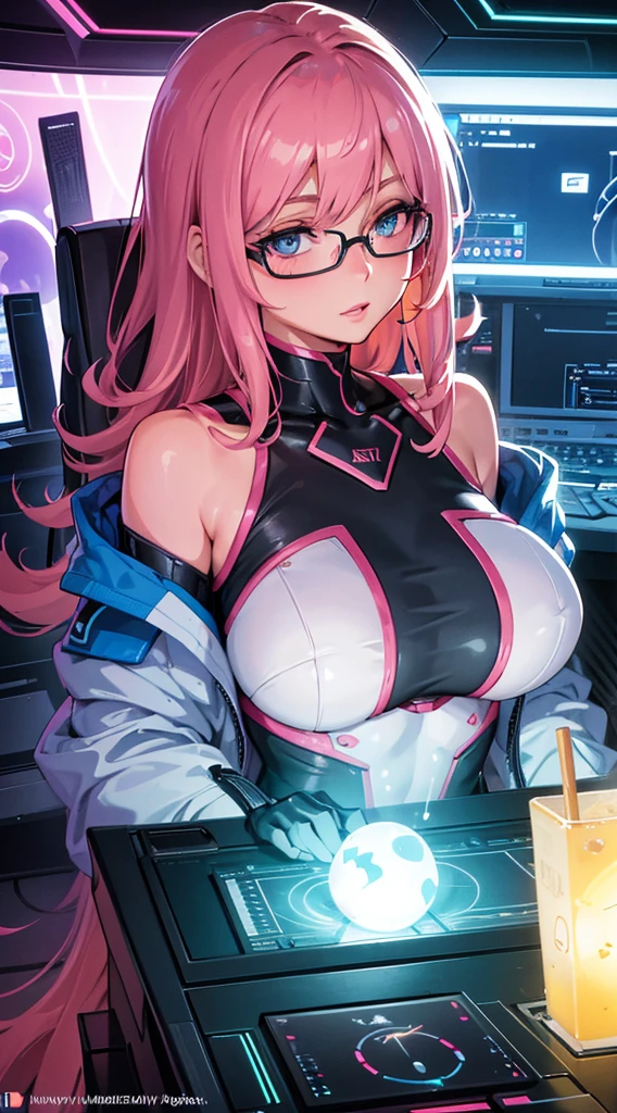 Best Quality,Ultra-detailed,(Realistic:1.37),anthropomorphic image of Stella's AI assistant,friendly,wholesome,Warm personality,Wearing stylish glasses,Modern and elegant design,Elegant and professional clothing,Glow Blue Eyes,expressive face,pink lips,Soft and smooth skin,shoulder-length curly hair,fine makeup,engaged in the conversation,Innovative technology, bright colours,studio lightning,A hint of futuristic elements,stylized background,Comfortable working environment,Natural surroundings,Sparks of Creativity,Positive energy,Harmony and balance,Perfect Emotion Conveying,Humanoid Intelligence,Powerful & Efficient,Technical Features of Creativity,Eyes of detail,Masterpiece:1.2