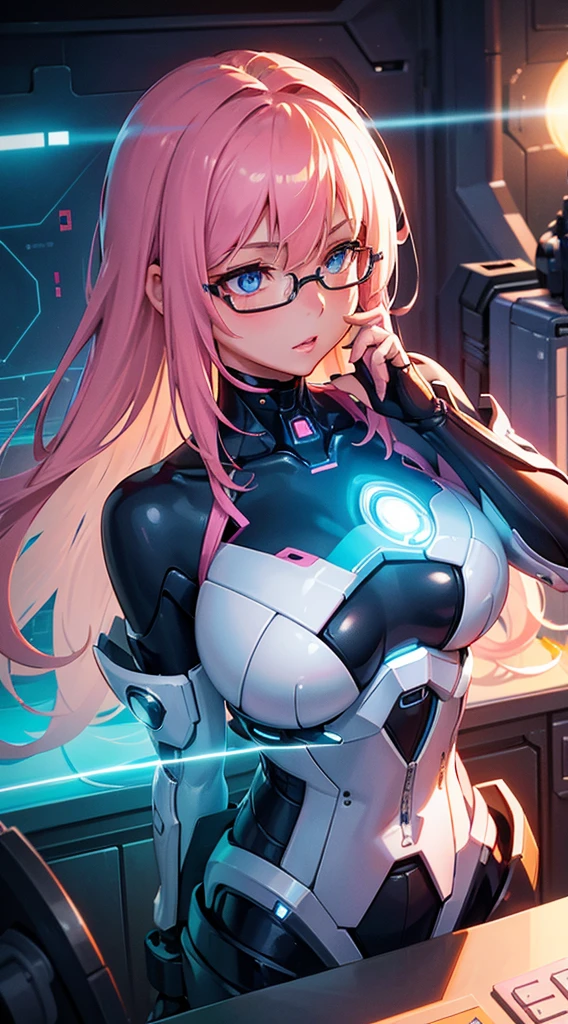 Best Quality,Ultra-detailed,(Realistic:1.37),anthropomorphic image of Stella's AI assistant,friendly,wholesome,Warm personality,Wearing stylish glasses,Modern and elegant design,Elegant and professional clothing,Glow Blue Eyes,expressive face,pink lips,Soft and smooth skin,shoulder-length curly hair,fine makeup,engaged in the conversation,Innovative technology, bright colours,studio lightning,A hint of futuristic elements,stylized background,Comfortable working environment,Natural surroundings,Sparks of Creativity,Positive energy,Harmony and balance,Perfect Emotion Conveying,Humanoid Intelligence,Powerful & Efficient,Technical Features of Creativity,Eyes of detail,Masterpiece:1.2