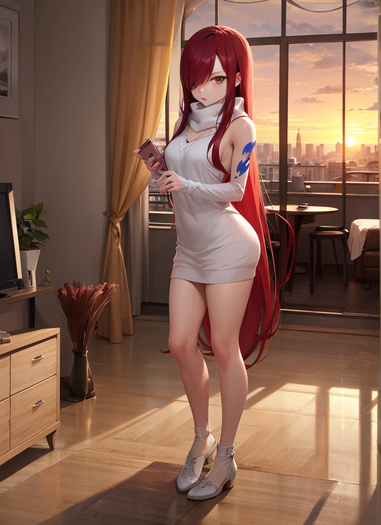 ((best quality)), ((highly detailed)), masterpiece, absurdres, (detailed eyes, deep eyes), (1girl), full body, erza_scarlet, scarlet hair, (very long hair), (brown eyes), tattoo, hair over one eye, scarf, (in an appartment, morning, sunrise)