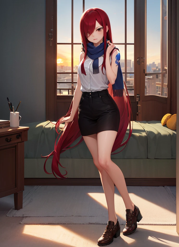 ((best quality)), ((highly detailed)), masterpiece, absurdres, (detailed eyes, deep eyes), (1girl), full body, erza_scarlet, scarlet hair, (very long hair), (brown eyes), tattoo, hair over one eye, scarf, (in an appartment, morning, sunrise)