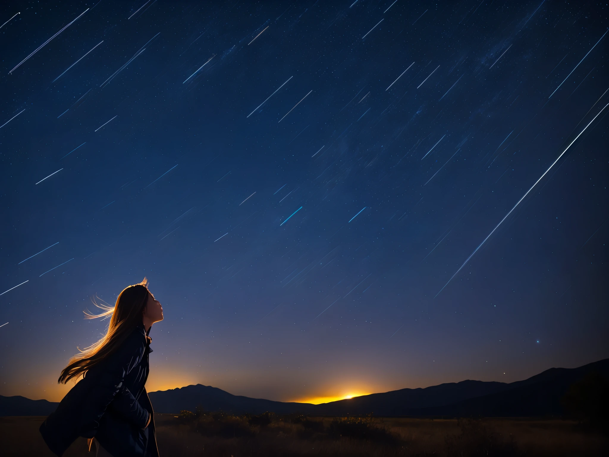Rotating starry sky, shooting stars, girl looking up at the sky, North Star, star trails with 1 hour exposure