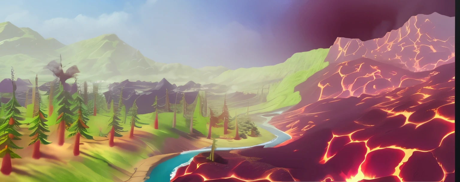Green forest and river on the left,On the right is the lava field,Molten sputtering out,high quality, 4K, super actual, actual, Super details
