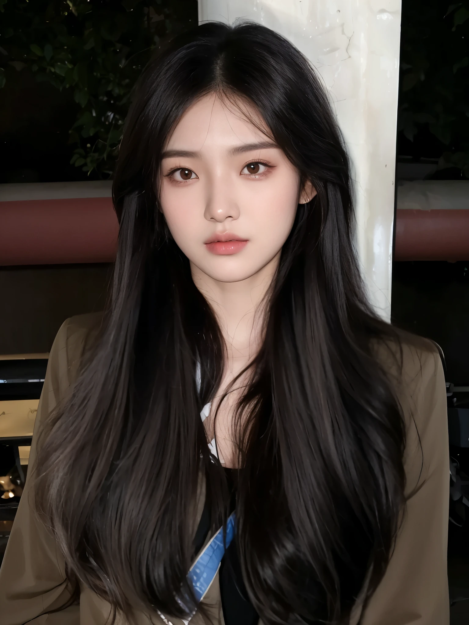 Arafad woman,with long black hair,Wearing a brown jacket, Bae Xiuzhi, Minami Zaiwa, jinyoung shin, Li Zhien, Li Zhien, she has black hair,Have bangs, Blackpink Josie's Portrait, Huang Shishi, Cui Xianhua, Parking distance - minutes, Center parted bangs, gongbi,Hair color is a uniform tone
