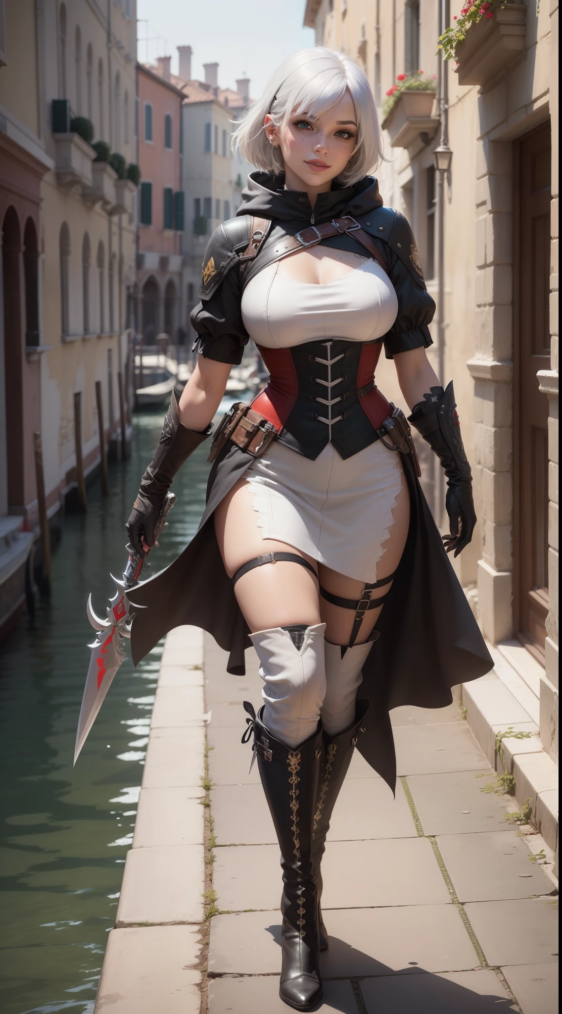 gwen tennyson,yorha 2b,tracer,y'shtola rhul,overwatch,assassin's creed,close up, Venice,venetian river,tattoos,white and red plugsuit,white short sleeve victorian top,white and red long assassin hoodie,long assassin skirt,harness corset,long dress train,short hair,punk makeup,green eyes,multicolored silver hair, military gloves,sexy smile,freckles,beautiful girl,knee high boots,large breasts,8k,ultra detailed,realistic,fantasy art,assassin uniform, hair pin,ear piercings,(weather:windy),1girl, holding assassin daggers,