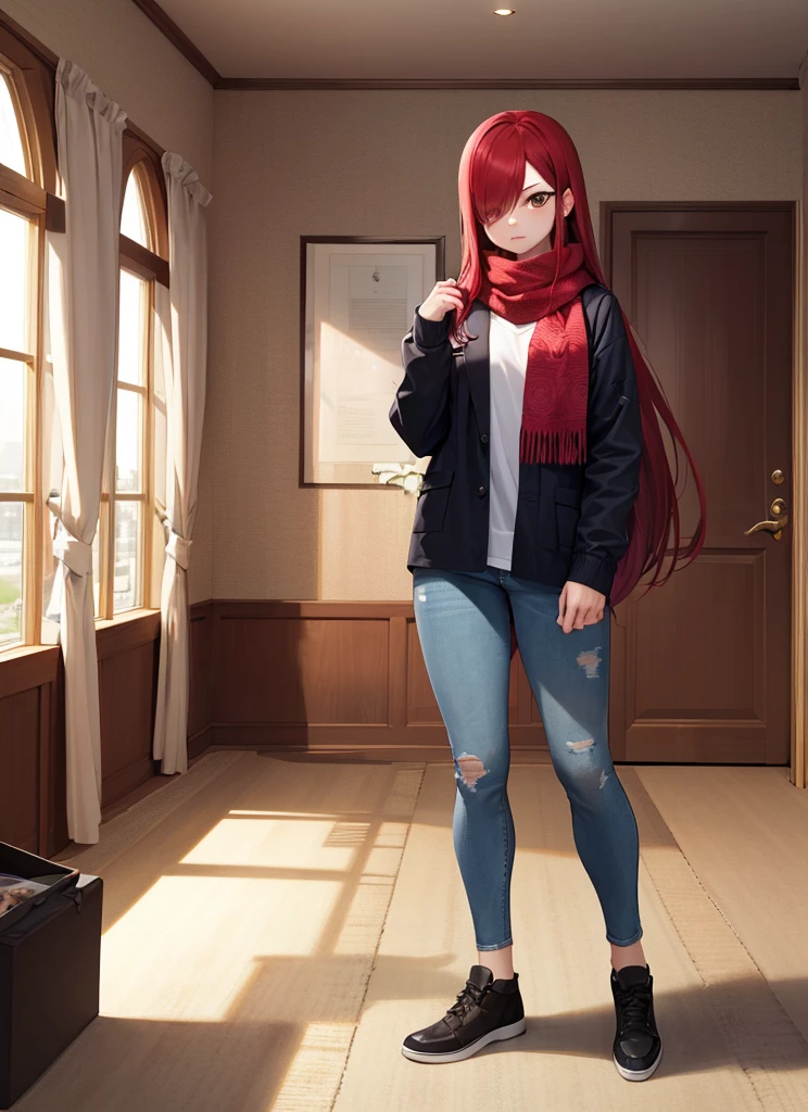 ((best quality)), ((highly detailed)), masterpiece, absurdres, (detailed eyes, deep eyes), (1girl), full body, erza_scarlet, scarlet hair, (very long hair), (brown eyes), tattoo, hair over one eye, scarf, (in an appartment, morning, sunrise) black jacket, blue jeans 