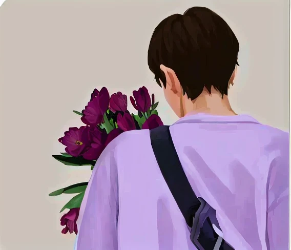 There is a man with a camera and a bouquet of flowers, bring flowers, Lofi art style, lofi aesthetics, There are flowers, There are flowers, rotoscoped, Toon aesthetic, Wearing a hoodie and flowers, holding flowers, lofi feel, pick a flower, anime aesthetics, i suit it, lofi girl aesthetic, 9 0 s anime aesthetics