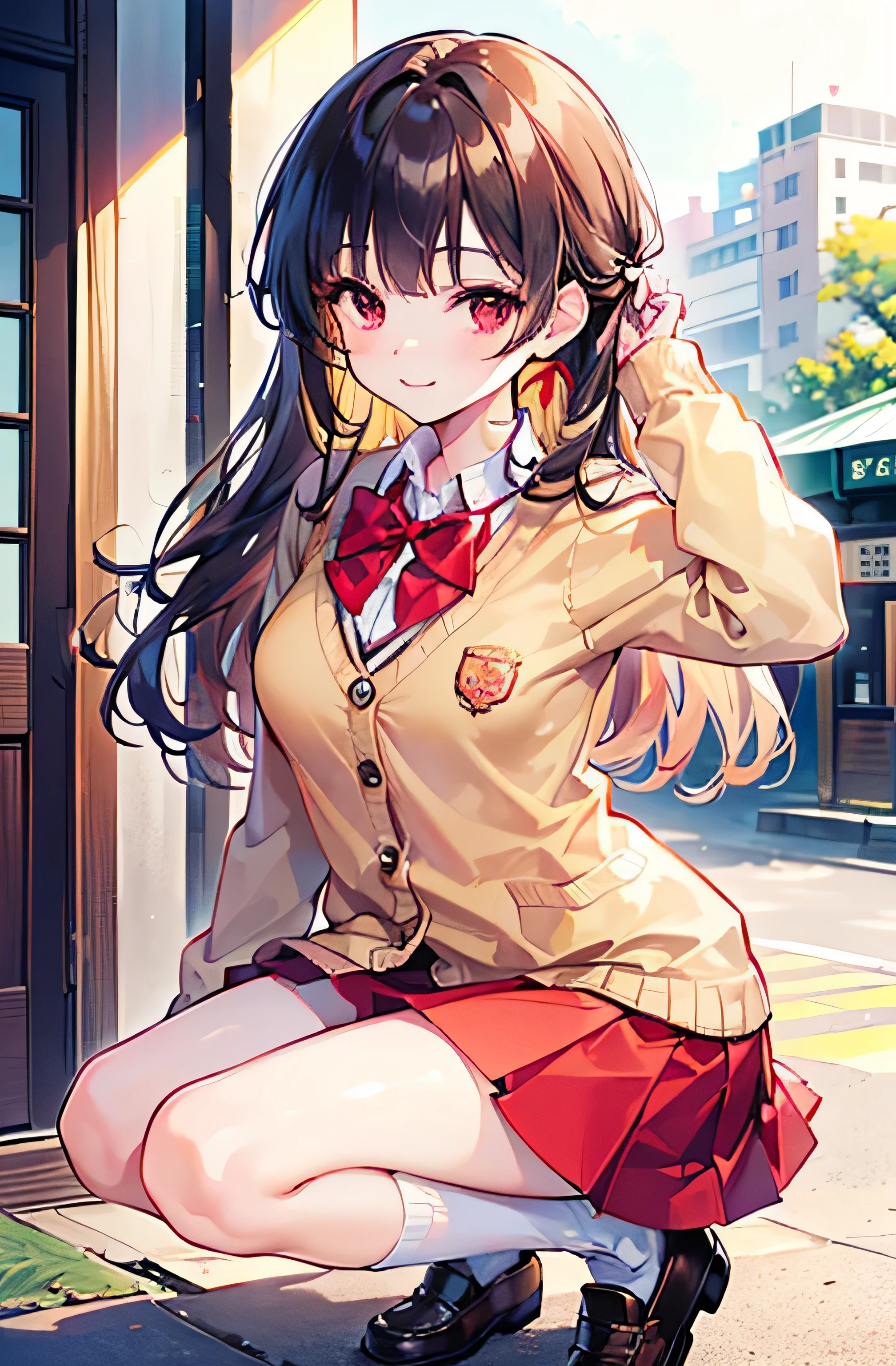 ((Best Quality)), 1girl, ((Nagamori Mizuka)), ((ONE kagayaku kisetsu he)), ((red eyes)), ((long hair)), ((tawny hair)), ((yellow ribbon behind hair)), ((school uniform)), ((red skirt)), ((knee length skirt)), ((white socks)), ((brown shoes)), ((pink shirt with a red bow)), ((sand colored cardigan sweater)), smiling, full body, outdoors, spring, city
