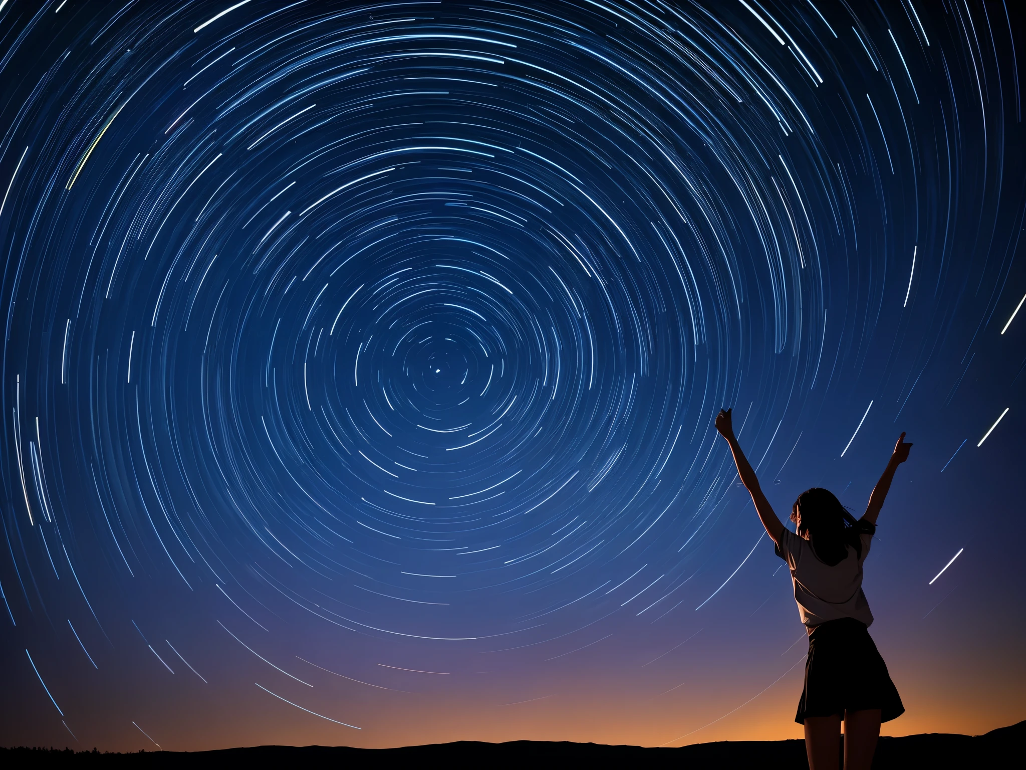 Rotating starry sky, shooting stars, girl looking up at the sky, North Star, star trails with 1 hour exposure