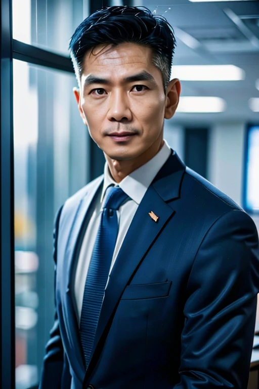 wide angle photography realistic, Thai man, 55 years old, wearing a suit, standing in the office, shot by Nikon-z9, (50mm lens, f/1.4, ISO 100), RAW photo), (photorealistic), (masterpiece), (intricate detailed), (best quality), (professional photography), (realistic:1.5), (soft light), (defuse lighting:0.7), (ambient lighting:0.6), (rim lighting,:1.2), fine textures, (depth of field:1.2), (bokeh:1.2), (face focus), film overlay, film grain,
