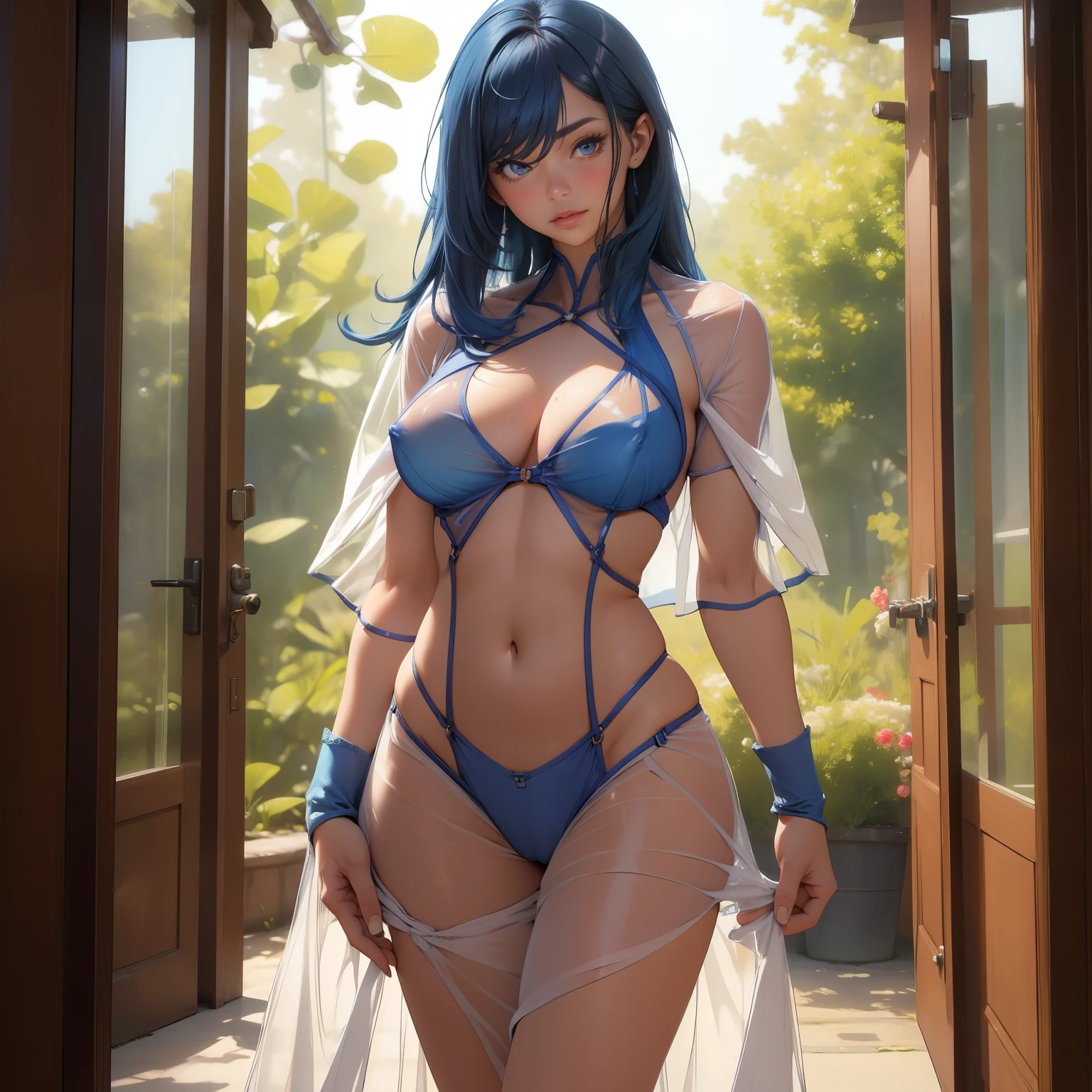 (quality)), ((masterpiece)), Recommended resultsluffly、(see through:1.5)、whole body 、Swollen nipples,straighten your back、huge bust、angle to floor:1.2、low camera angle、Hair loss on crotch、Whole body facing the camera,Hair can be seen on the crotch,blue hair,