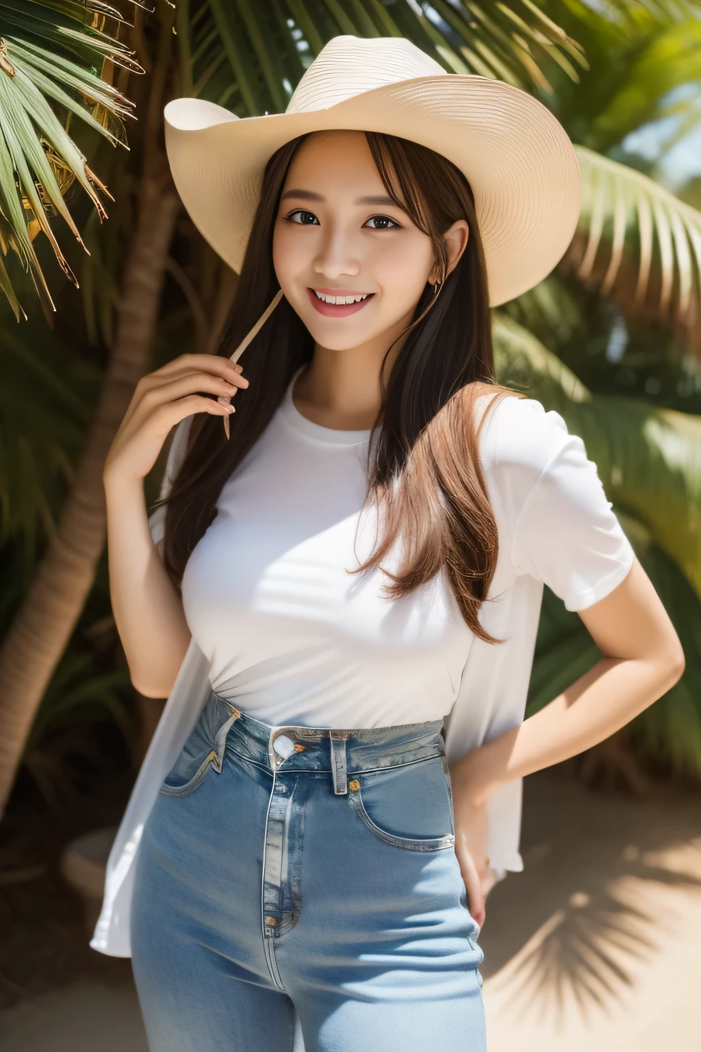 ((masterpiece)), ((high quality)), ((オマンコ realistic)), ((8K)) ((two beautiful girls)) ,((White t-shirt and tight denim pants)), Japanese, 30 years old, Two Beauties, thin, sony slr photograph, looking at camera, cute, , nature, realistic, take a pose, 超high quality, photograph, Good friend, big beauty, small beauty, parasol, String pan,, Palm tree, mole under eye, Moles around the mouth ((big breasts)) ,cowboy shot,((smile)) ((half up hair)) ((bronze hair)), cowboy shot