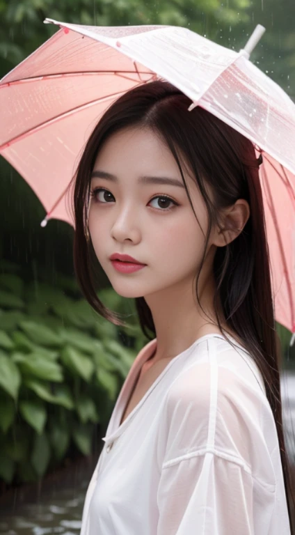 a girl in a white outfit is seen in the rain, in the style of light red and light pink, chinapunk, detailed facial features, i can't believe how beautiful this is, hyper-realistic water, cottagecore, chinese cultural themes