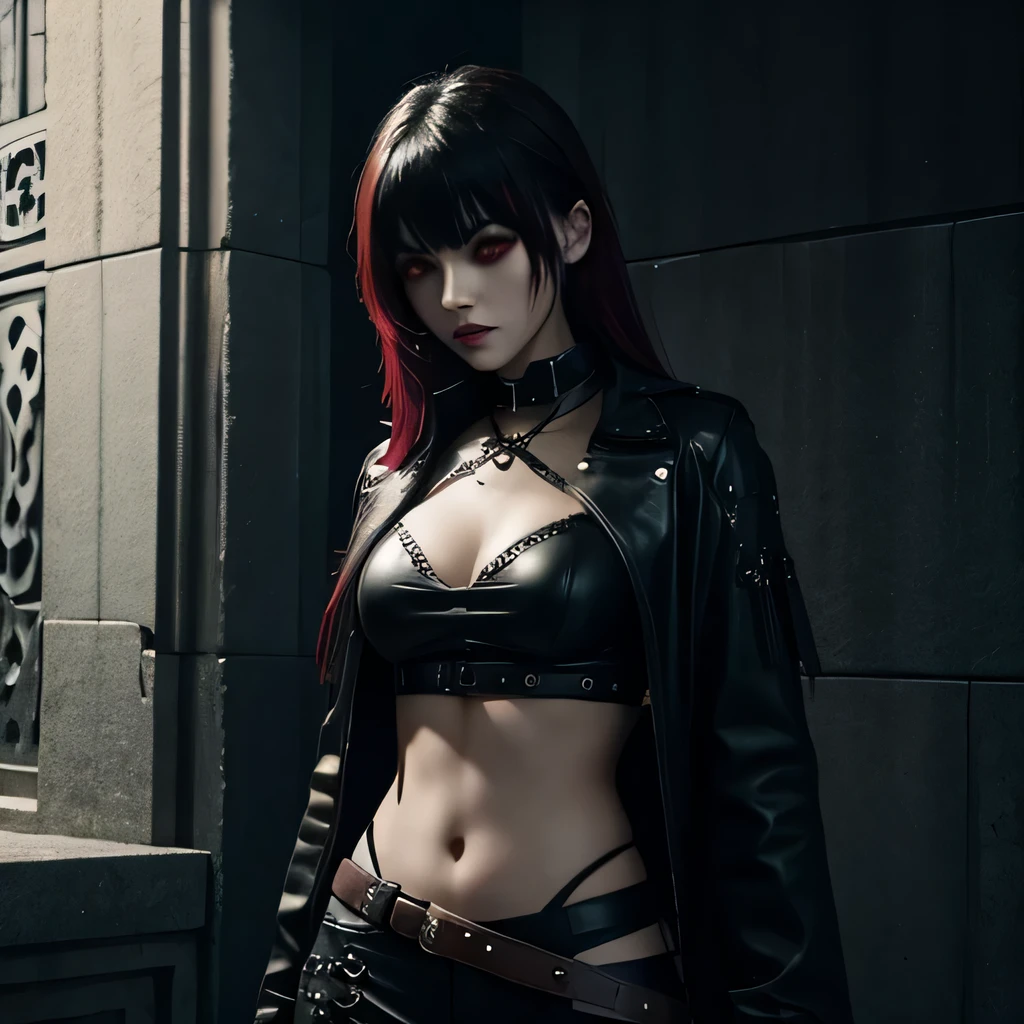 1girl, heavy goth makeup, fantasy character, cyberpunk horror, dark fantasy, navel, gothic mage, dark red eyes, bloody eyes, wounded, dripping blood, bloody knife, bloody leather top, leather pants, sensual
