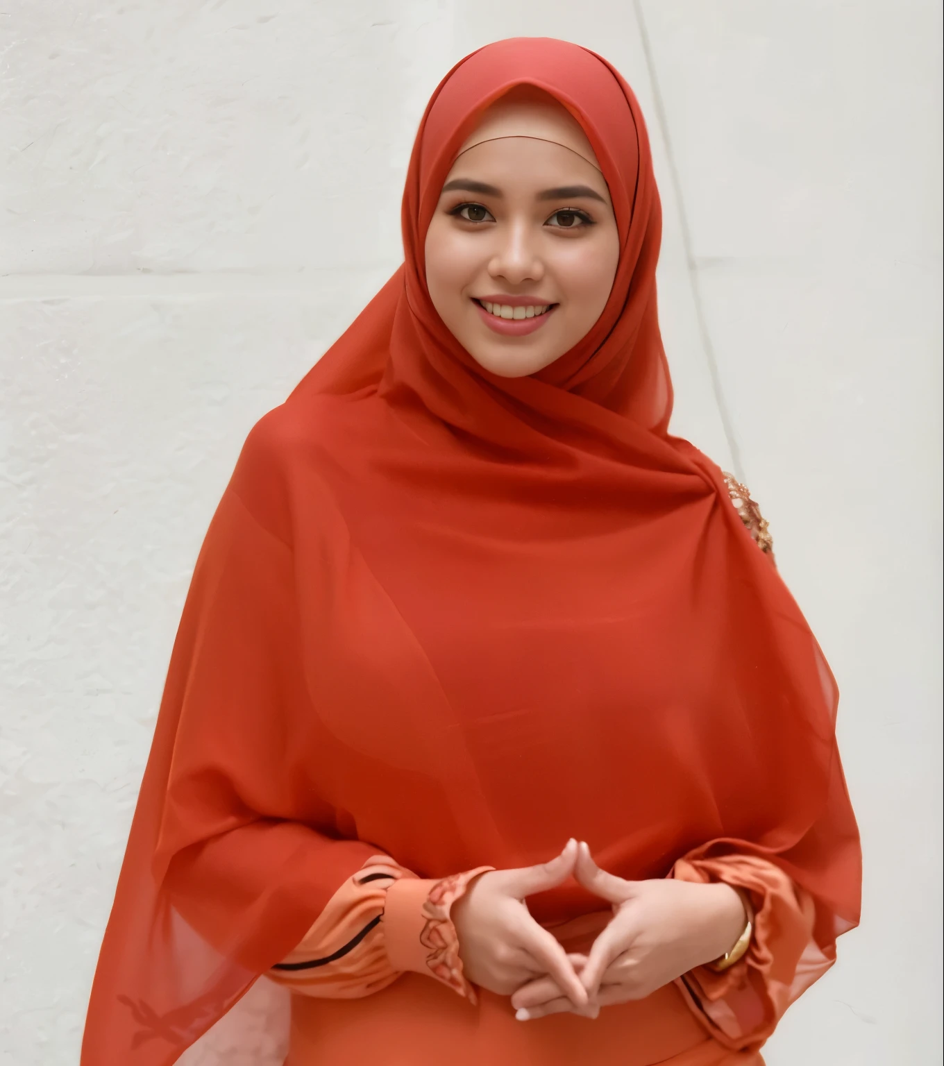 RAW, Best quality, high resolution, masterpiece: 1.3), beautiful Indonesia woman in hijab,Masterpiece, perfect fit body, ((Huge breast)), biggorgeous eyes, Soft smile,muslim woman in a floral dress and hijab posing for a picture, hijab, with lovely look, with beautiful colors, with accurate face, pose 4 of 1 6, traditional beauty, batik, wearing beautiful clothes, beutifull, with beautiful exotic, attractive pose, cute pose, peach and goma style, scarf, wearing pink floral chiton, very attractive , she is smiling,Delicate turtleneck, necklace, shairband, afternoon walk, City garden, Excellent lighting, Bright colors, Clean lines